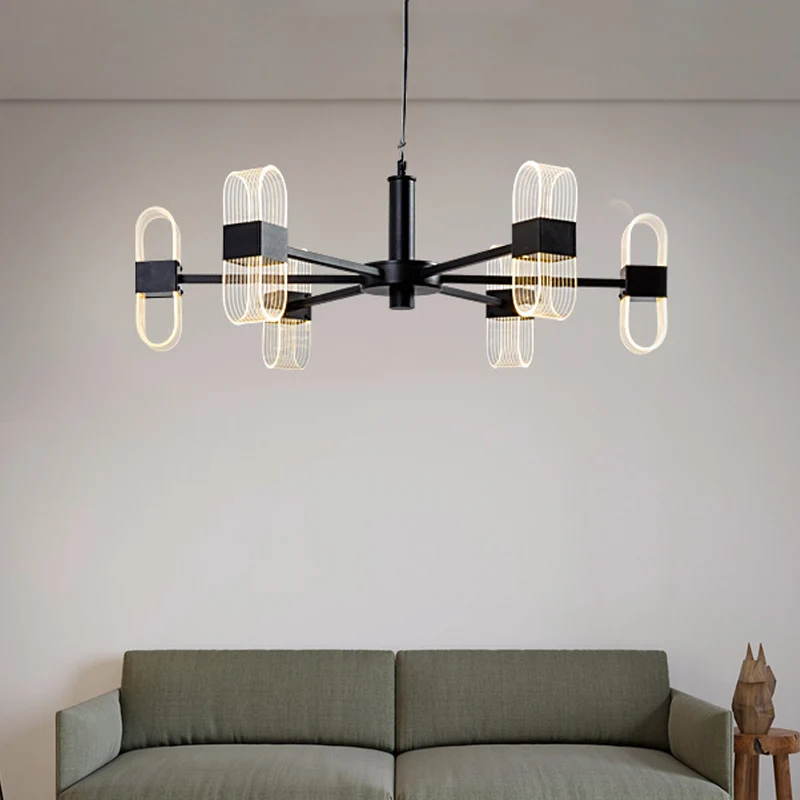 Langwerpige hanglampset Nordic metallic 6/8 koppen zwarte kroonluchterverlichting voor woonkamer | Snel Leverbaar