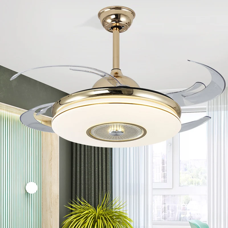 Acryl ronde semi-inbouw moderne slaapkamer 48 "brede LED hangende ventilator lichtarmatuur nikkel/goud met 4 bladen met be...