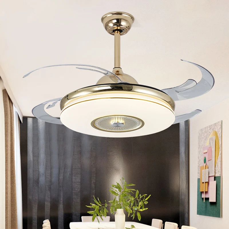 Acryl ronde semi-inbouw moderne slaapkamer 48 "brede LED hangende ventilator lichtarmatuur nikkel/goud met 4 bladen met be...