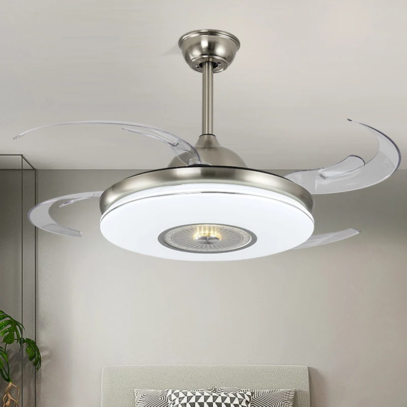 Acryl ronde semi-inbouw moderne slaapkamer 48 "brede LED hangende ventilator lichtarmatuur nikkel/goud met 4 bladen met be...