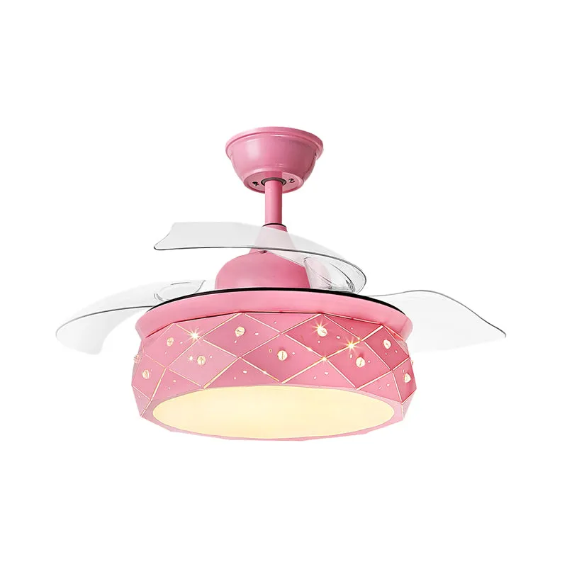 3 bladen metalen trommel hangende ventilator verlichting modernisme 42" W LED semi-inbouwlamp roze/blauw met acryl kap, af...