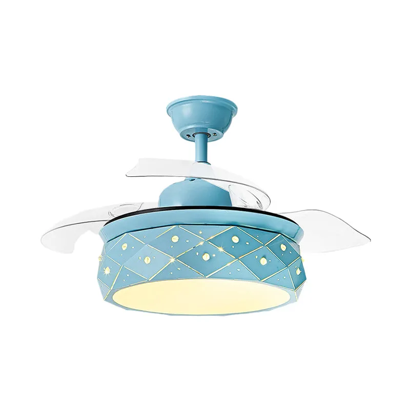 3 bladen metalen trommel hangende ventilator verlichting modernisme 42" W LED semi-inbouwlamp roze/blauw met acryl kap, af...