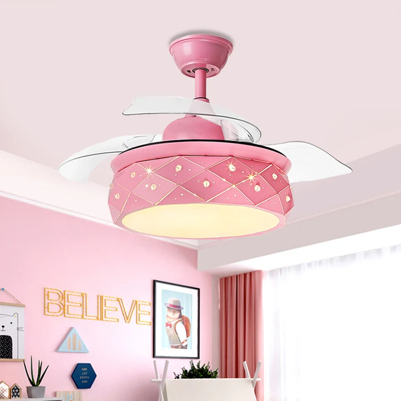 3 bladen metalen trommel hangende ventilator verlichting modernisme 42" W LED semi-inbouwlamp roze/blauw met acryl kap, af...