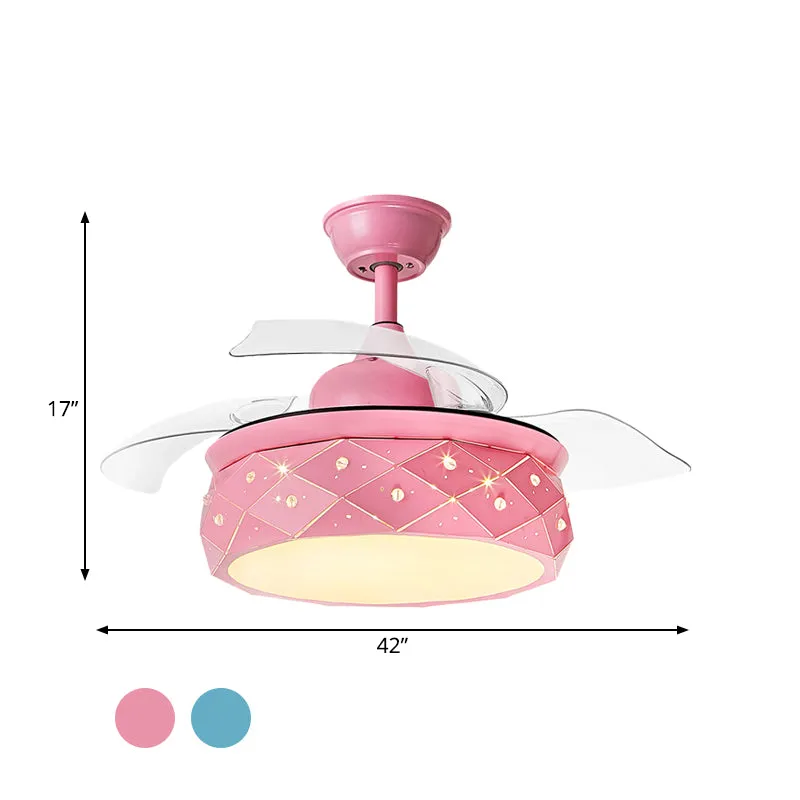 3 bladen metalen trommel hangende ventilator verlichting modernisme 42" W LED semi-inbouwlamp roze/blauw met acryl kap, af...