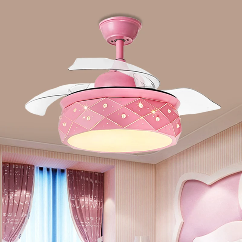 3 bladen metalen trommel hangende ventilator verlichting modernisme 42" W LED semi-inbouwlamp roze/blauw met acryl kap, af...