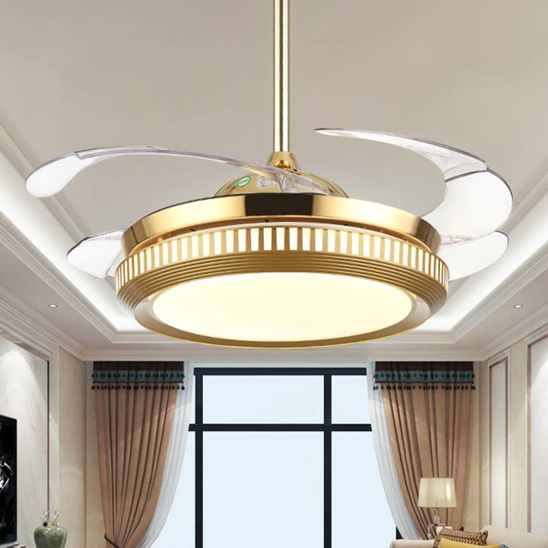 LED acryl semi-inbouw zwak eigentijds wit/goud ronde eetkamer hangende ventilatorlamp met 4 heldere bladen, 42" W voor tui...