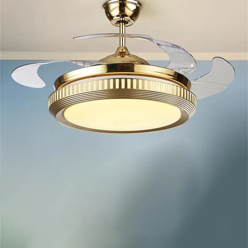 LED acryl semi-inbouw zwak eigentijds wit/goud ronde eetkamer hangende ventilatorlamp met 4 heldere bladen, 42" W voor tui...