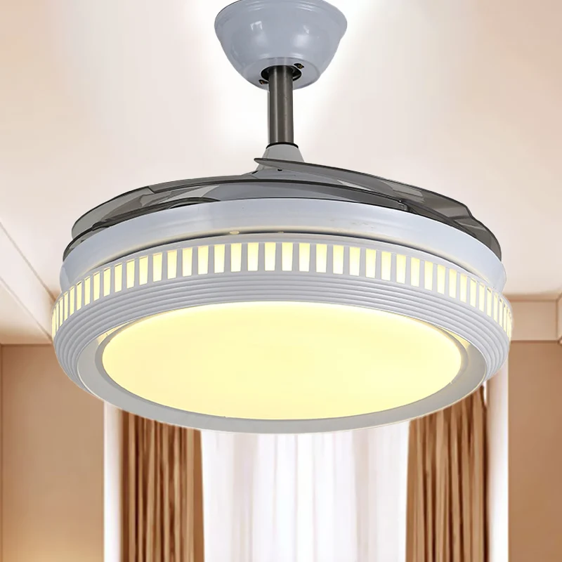 LED acryl semi-inbouw zwak eigentijds wit/goud ronde eetkamer hangende ventilatorlamp met 4 heldere bladen, 42" W voor tui...