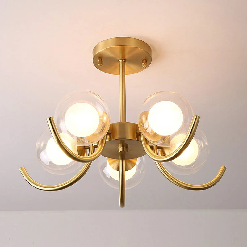 Antiqued Gold Swirl Semi Flush Light Postmodern Metallic Ceiling Lamp Ball Glashelder and White Glass Shade Gold