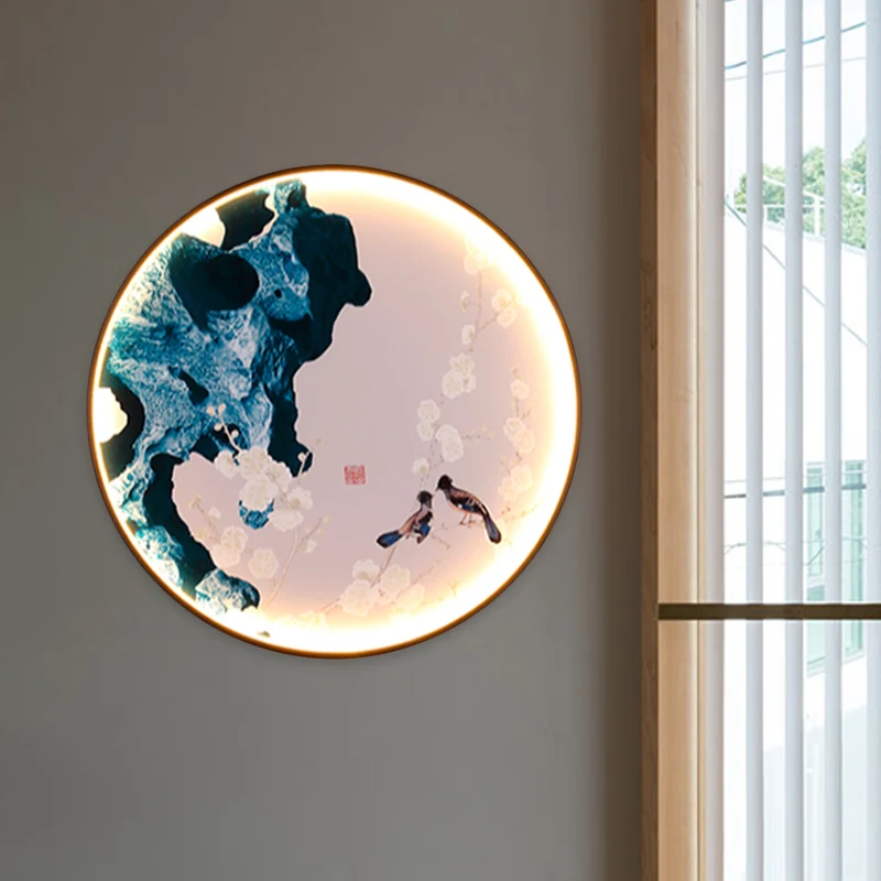 Azië LED-muurschildering zacht zwart Halcyon en pijnboom/vogel en berg schilderij muurverlichtingsideeën met stoffen kap