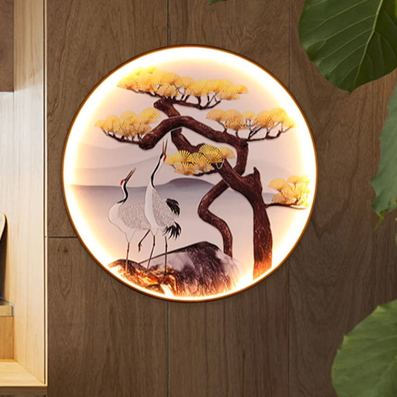 Azië LED-muurschildering zacht zwart Halcyon en pijnboom/vogel en berg schilderij muurverlichtingsideeën met stoffen kap