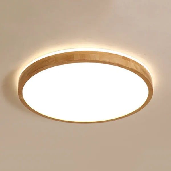 Nordic LED Flush Mount Recessed Lighting Wood Circle Ceiling Lamp Plexiglas Shade Warm/White Light, 12"/16" Width
