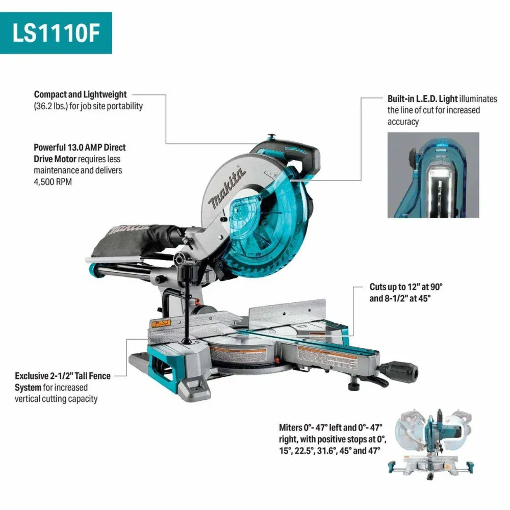 Makita LS1110F 10 . Sliding Compound Miter Saw LED Cut Line, 13A Motor, 4,500 RPM