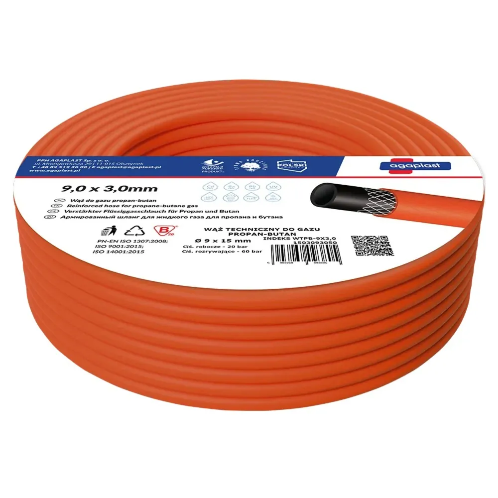 Vartco 3-laags Gasslang Propaanbutaanslang 9 x 3 mm bestand tegen mechanische beschadigingen (Lengte: 25 m)