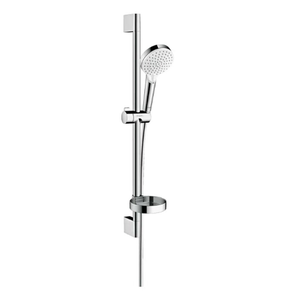 Hansgrohe Crometta sliding shower 65 cm chromed shower rod, soap holder, and round anti-limescale hand shower
