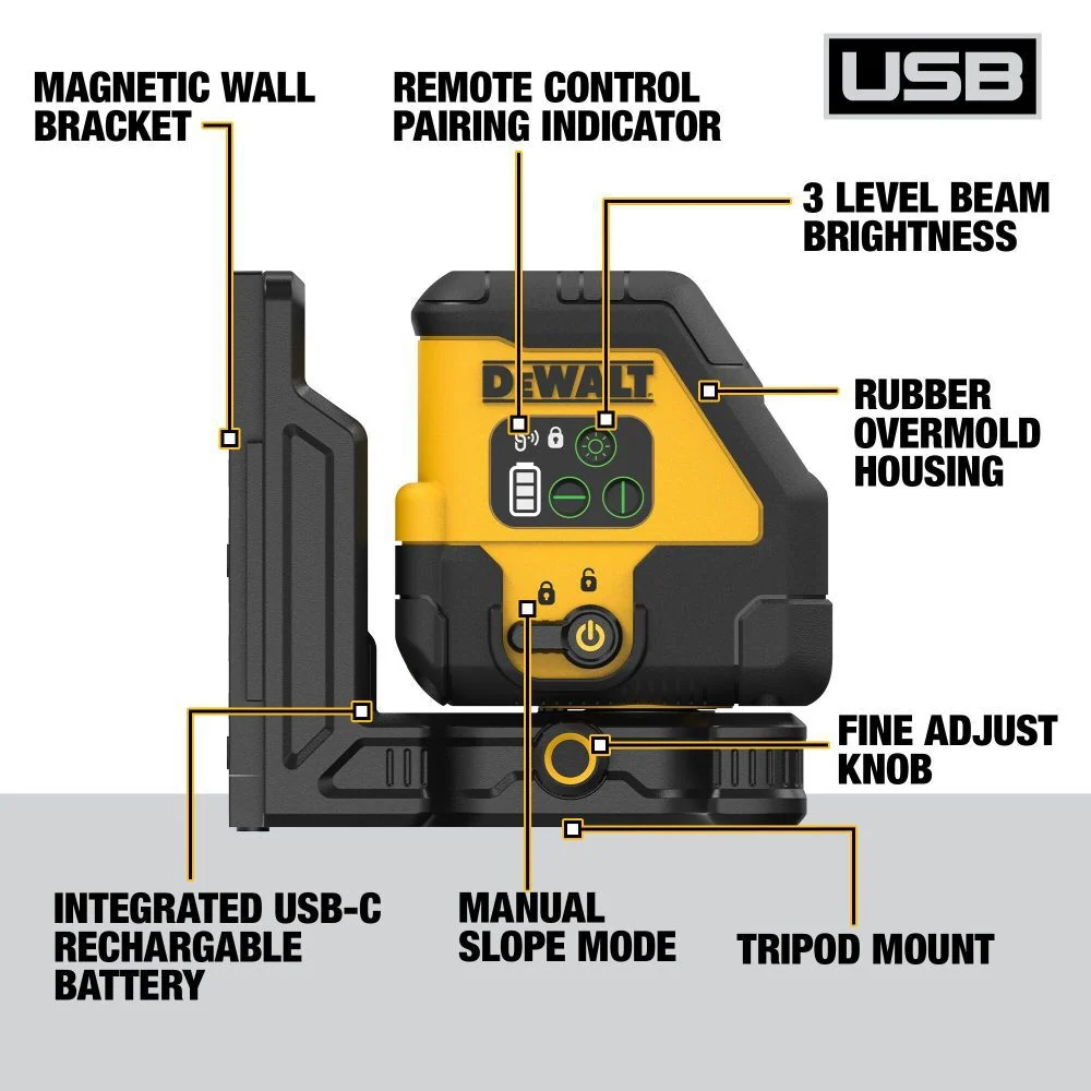 DEWALT USB Herlaadbaar Red Cross Line Laser Base Kit DCLE14201RB