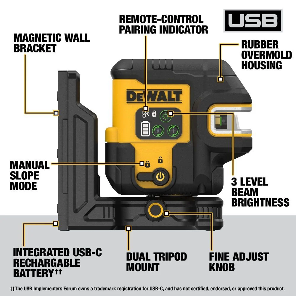 DEWALT USB Oplaadbaar Green 5 Spot & Cross Line Laser Base Kit DCLE14251GB