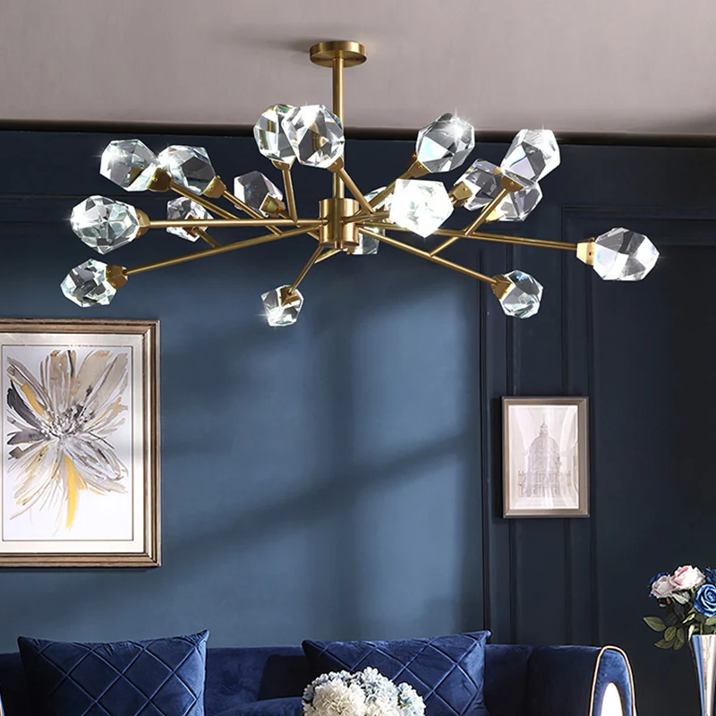 Brass Branching Chandelier Actueel Crystal Block 9/12/18-Light Family Room Suspension Pendant Brass