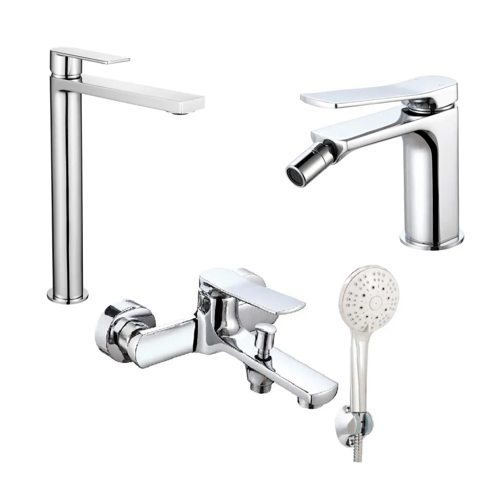 Composition mixers tall washbasin, bidet, and Lumix bathtub chromed geel koper