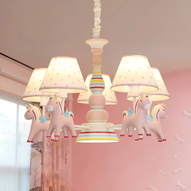 Resin Rainbow Unicorn Chandelier Lighting Cartoon Blush Pendant Light Tapered Fabric Shade Pink