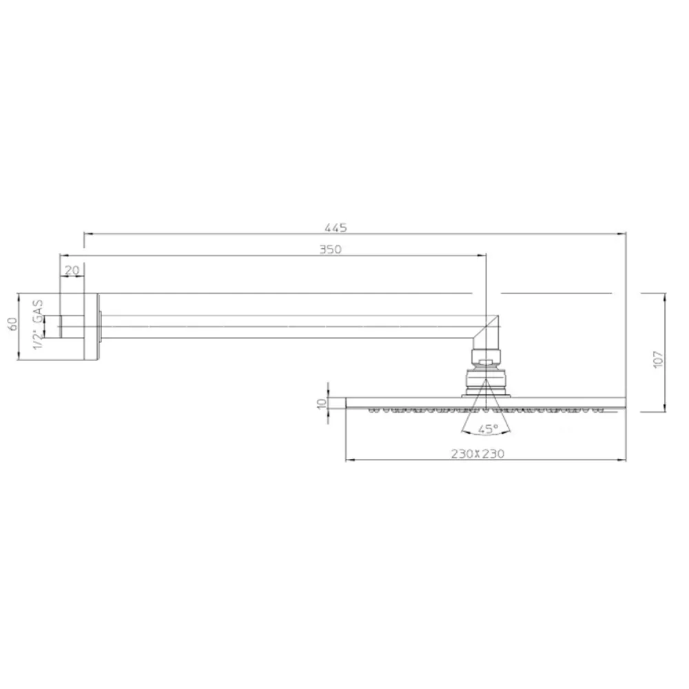 Square shower head chrome-plated messing Bossini Cosmo 230x230 mm round arm 350 mm
