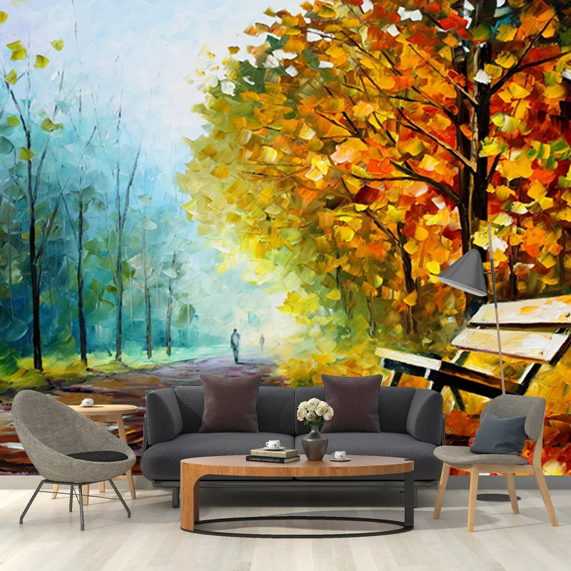 Bench Oil Painting Mural Wallpaper Orange and Olijfgroen Rustic Wall Decoration Home Easy Clean-up Orange