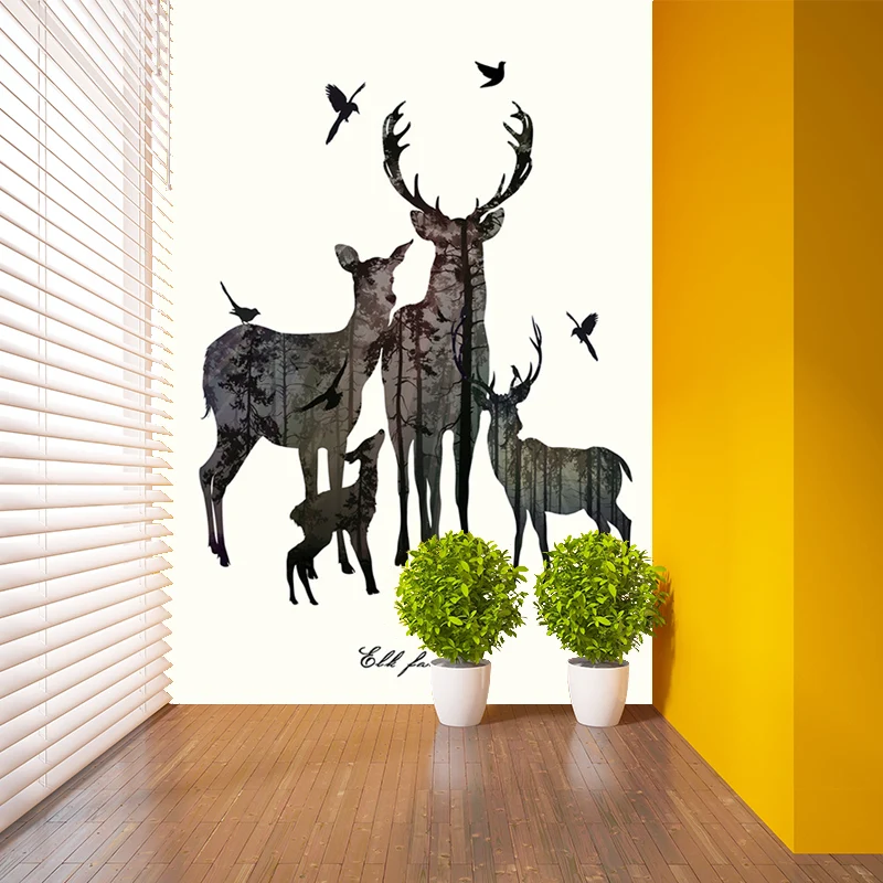 Grey Deer Family Silhouette Murals Watervast Nordic Living Room Wall Decoration VOC-arm Grey