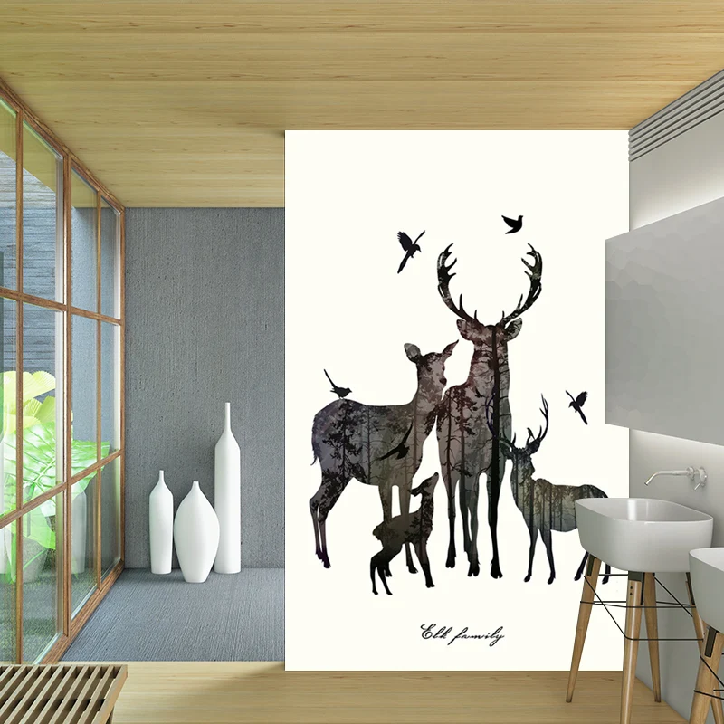 Grey Deer Family Silhouette Murals Watervast Nordic Living Room Wall Decoration VOC-arm Grey