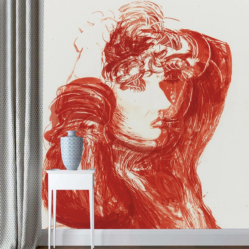 Hockney Painting Rood Celia Murals Artistry Stain Resistant Bedroom Wall Decor, Made to Measure Red