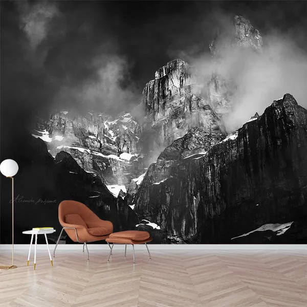 Misty Snow Mountain Wall Mural Living Room Scenery Wall Art, Aangepast Size Available