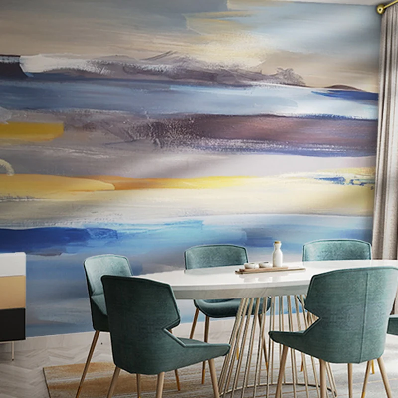 Murals Sunrise and Sky and Sea Watercolors Style Gold and Blauw, Abstract Wall Decor Guest Room voor hout en metaal Blue