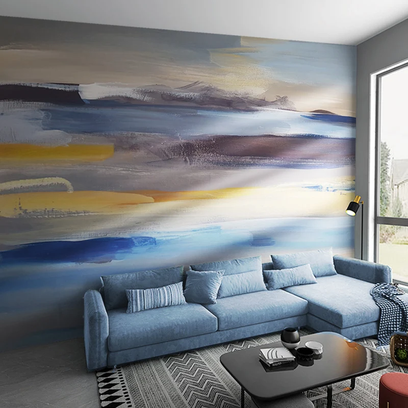 Murals Sunrise and Sky and Sea Watercolors Style Gold and Blauw, Abstract Wall Decor Guest Room voor hout en metaal Blue