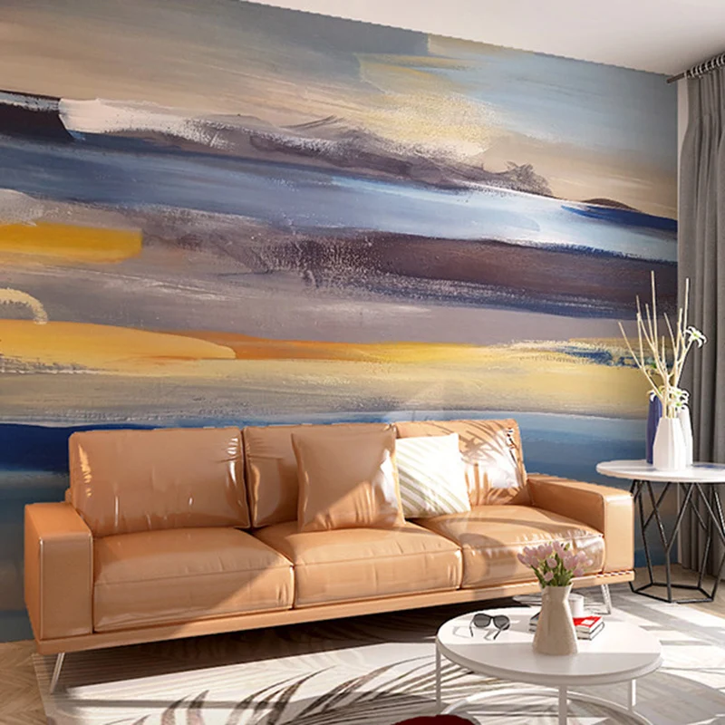Murals Sunrise and Sky and Sea Watercolors Style Gold and Blauw, Abstract Wall Decor Guest Room voor hout en metaal Blue