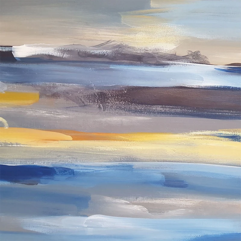 Murals Sunrise and Sky and Sea Watercolors Style Gold and Blauw, Abstract Wall Decor Guest Room voor hout en metaal Blue