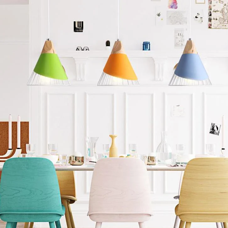 Conische slaapkamertrap hanglamp Metaal One Light Nordic Stijlvolle hanglamp blauw/groen/geel met ijzerdraad - Met Dimfunctie