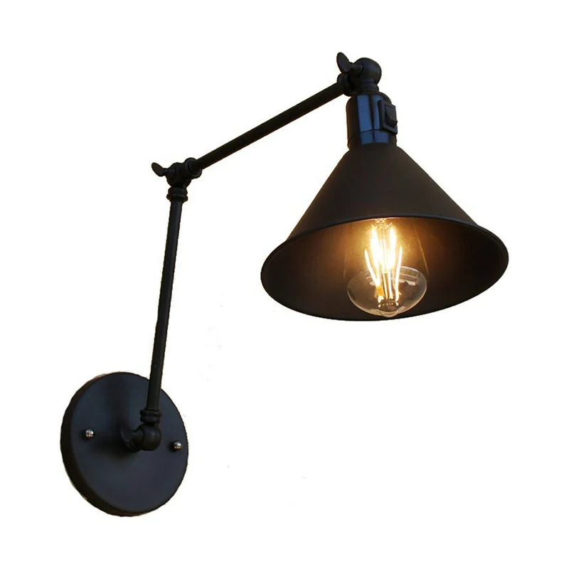 Zwarte Kegel Swing Arm Wandlamp Kit Klassiek Ijzeren 1/2-Hoofd Slaapkamer Aan/Uit Knop Wandmontage Licht armatuur - Met Di...