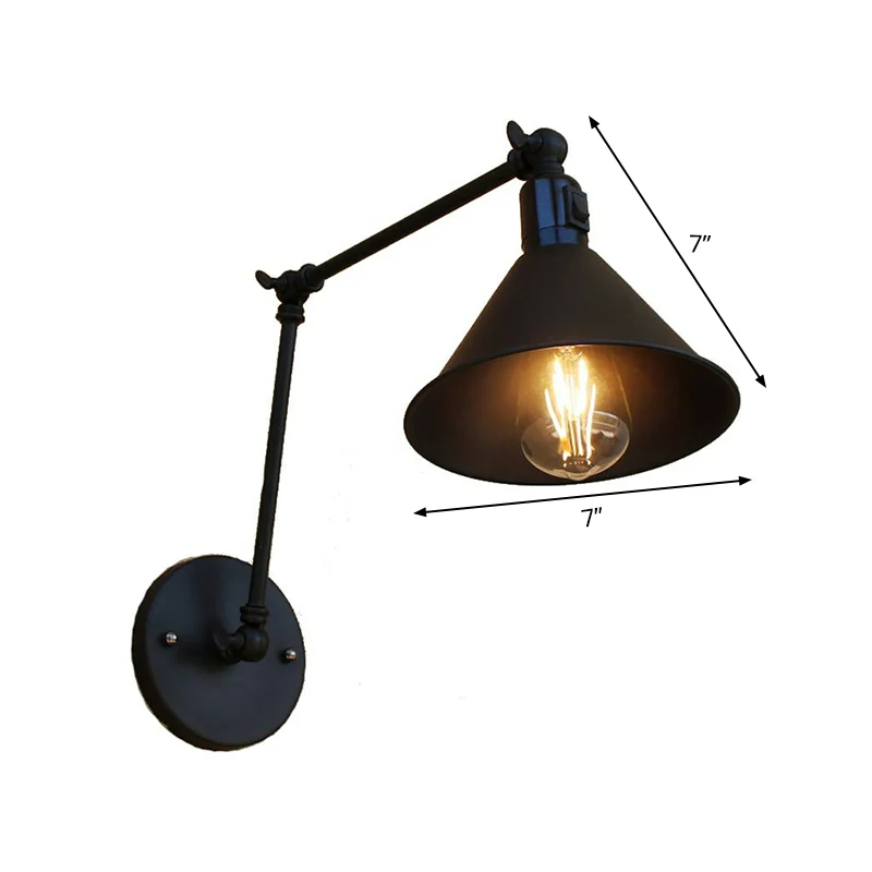 Zwarte Kegel Swing Arm Wandlamp Kit Klassiek Ijzeren 1/2-Hoofd Slaapkamer Aan/Uit Knop Wandmontage Licht armatuur - Met Di...