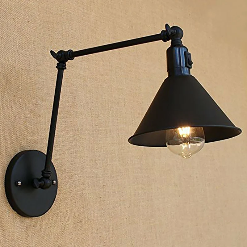 Zwarte Kegel Swing Arm Wandlamp Kit Klassiek Ijzeren 1/2-Hoofd Slaapkamer Aan/Uit Knop Wandmontage Licht armatuur - Met Di...