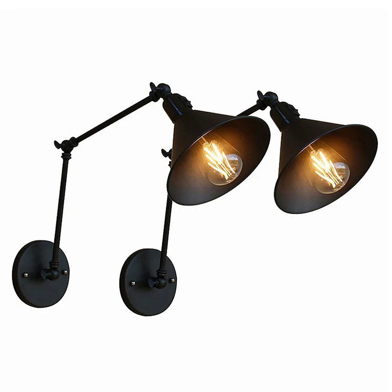 Zwarte Kegel Swing Arm Wandlamp Kit Klassiek Ijzeren 1/2-Hoofd Slaapkamer Aan/Uit Knop Wandmontage Licht armatuur - Met Di...
