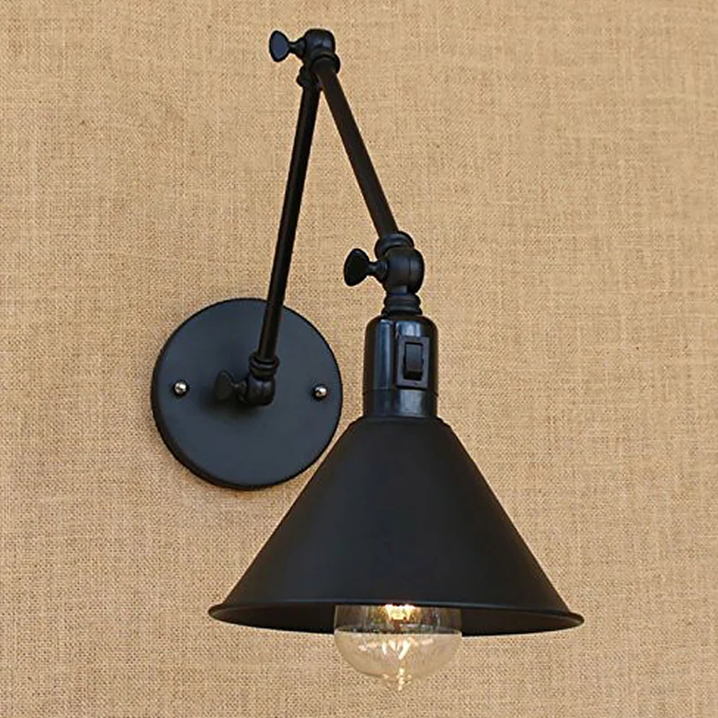 Zwarte Kegel Swing Arm Wandlamp Kit Klassiek Ijzeren 1/2-Hoofd Slaapkamer Aan/Uit Knop Wandmontage Licht armatuur - Met Di...