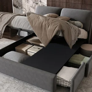 Opbergbed 140 x 200 cm voor volwassenen met 3 lades - fluwelen stof - inclusief boxspring - grijs voor Fietsopslag
