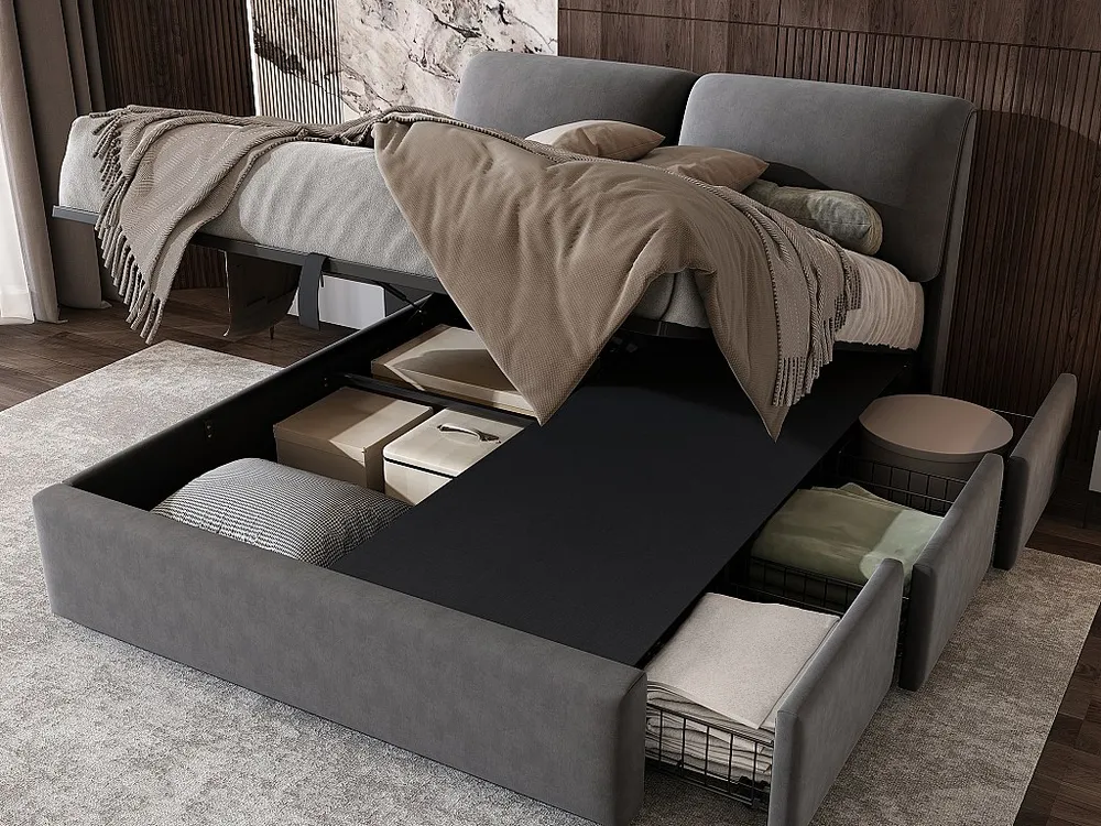 Opbergbed 140 x 200 cm voor volwassenen met 3 lades - fluwelen stof - inclusief boxspring - grijs voor Fietsopslag