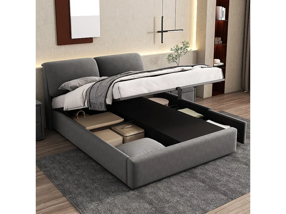 Opbergbed 140 x 200 cm voor volwassenen met 3 lades - fluwelen stof - inclusief boxspring - grijs voor Fietsopslag