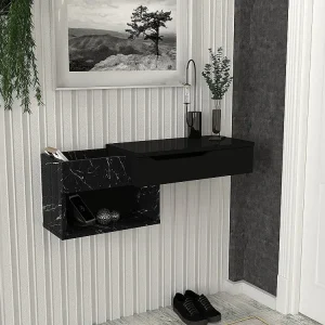 Zwevende sidetable met 1 lade en 2 nissen - Zwarte marmerlook - DAREKA met Slotbaar Deurtje