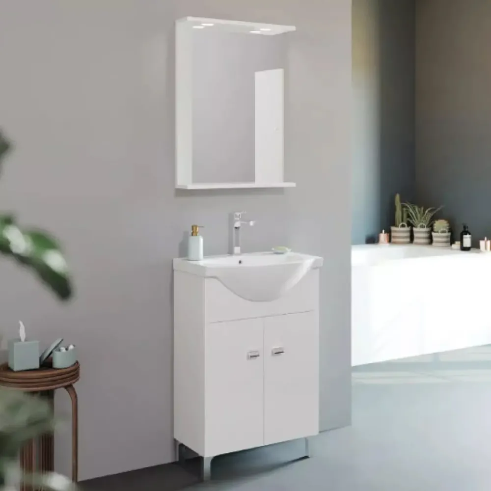 Floor-standing bathroom cabinet mirror and integrated sink Cubi&Co model Savio 65 cm - Glossy Sneeuwwit met CE-Keurmerk