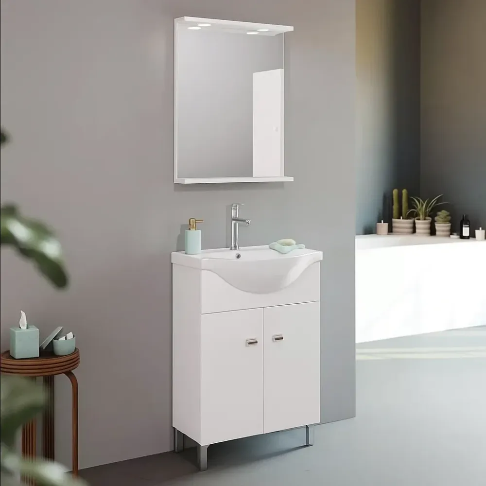 Floor-standing bathroom cabinet mirror and integrated sink Cubi&Co model Savio 65 cm - Glanzend White