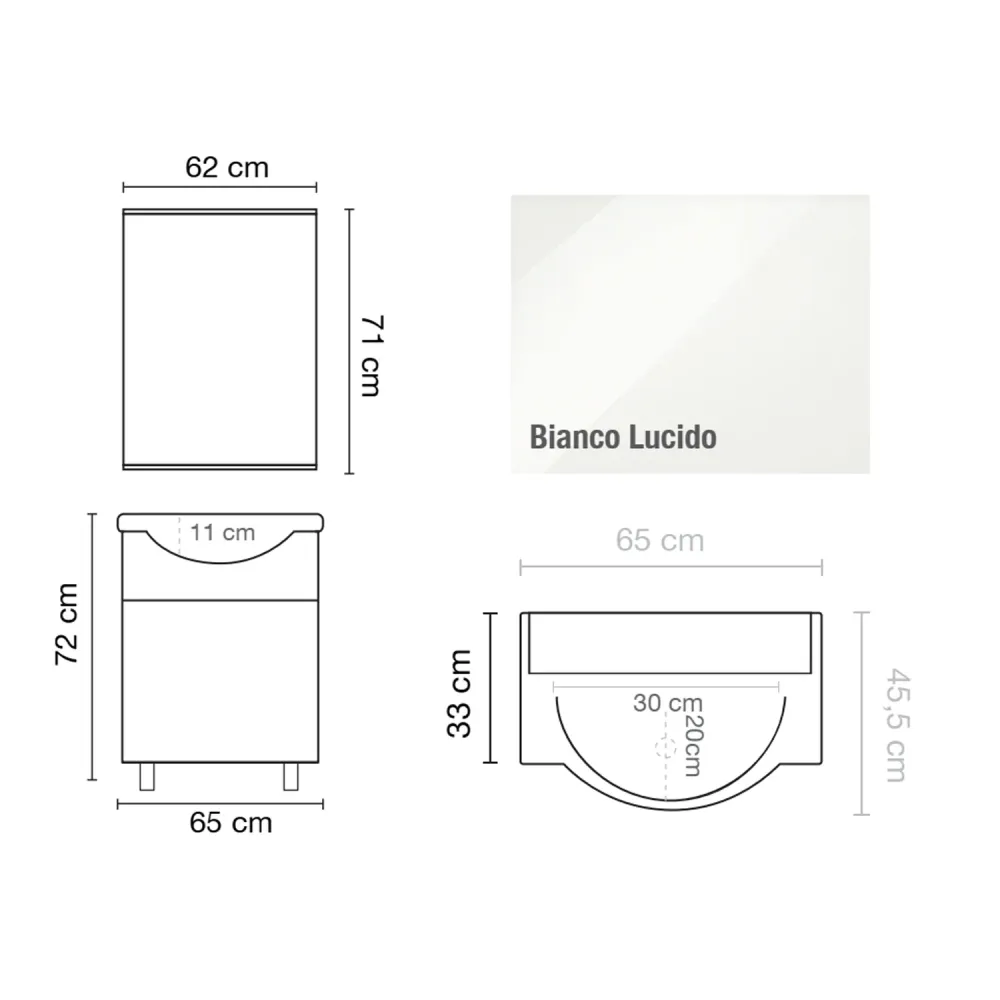 Floor-standing bathroom cabinet mirror and integrated sink Cubi&Co model Savio 65 cm - Glanzend White