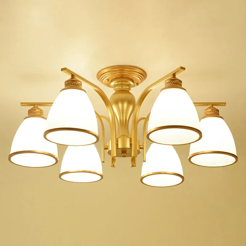 Gouden afwerking Bell semi-inbouw kroonluchter Gewoon opaalglas slaapkamer plafondgemonteerd licht