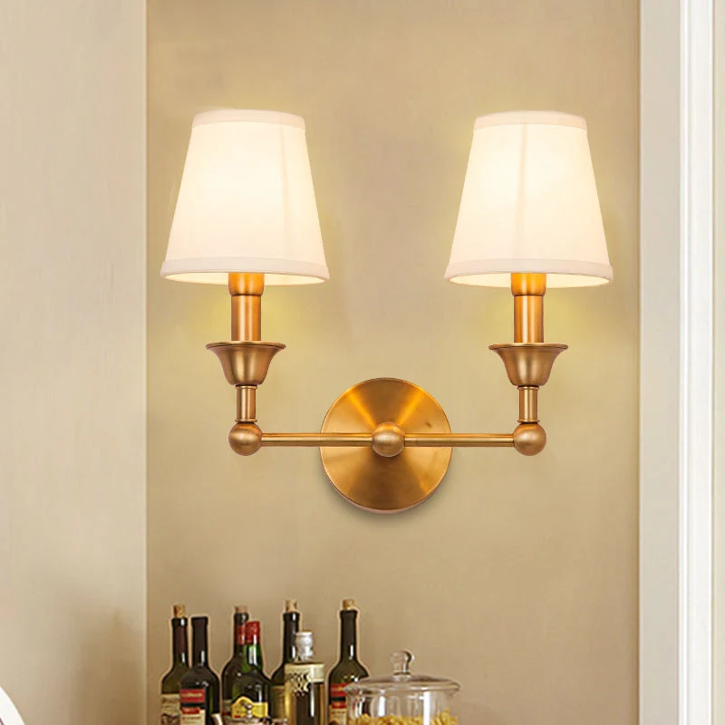 Traditional Cone Wall Lamp 1/2-Bulb Fabric Wall Mounted Light Fixture Antiqued Gouden Gold