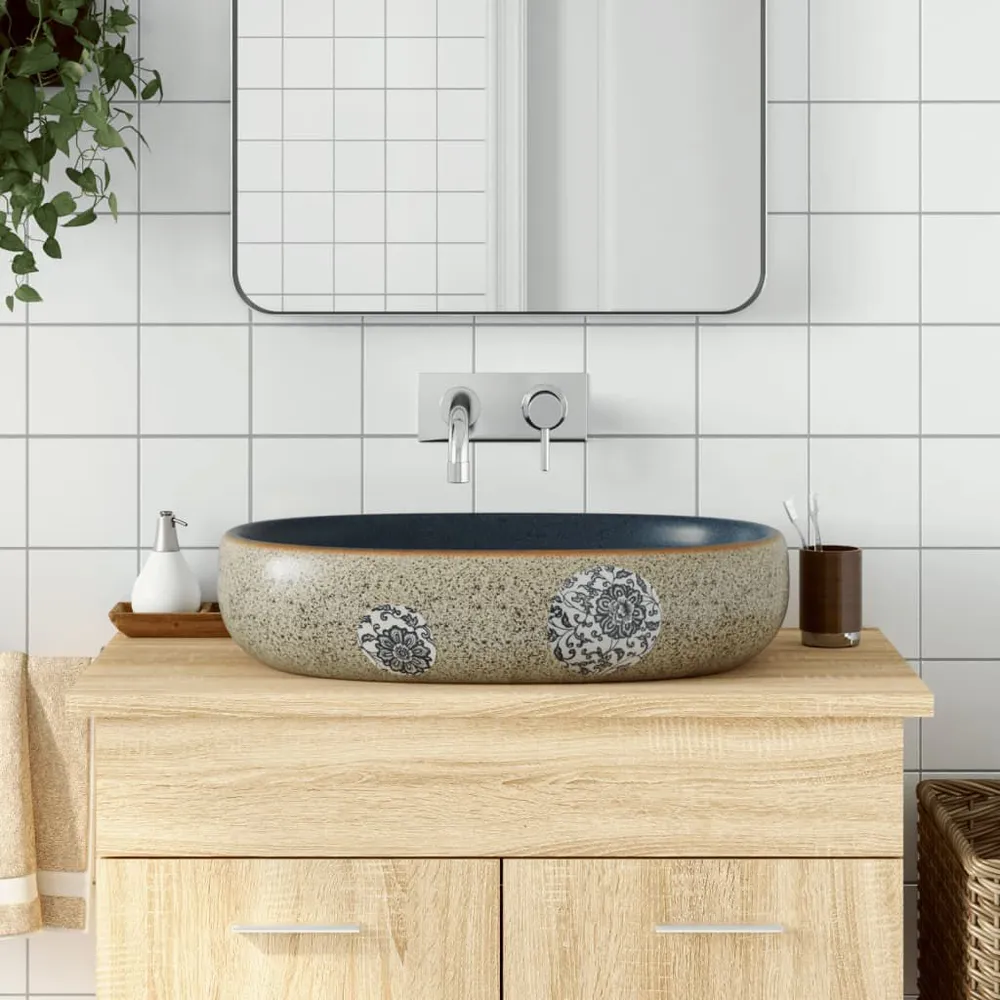 Gecertificeerd NSF/ANSI Opzetwasbak ovaal 59x40x14 cm keramiek zandkleurig en blauw